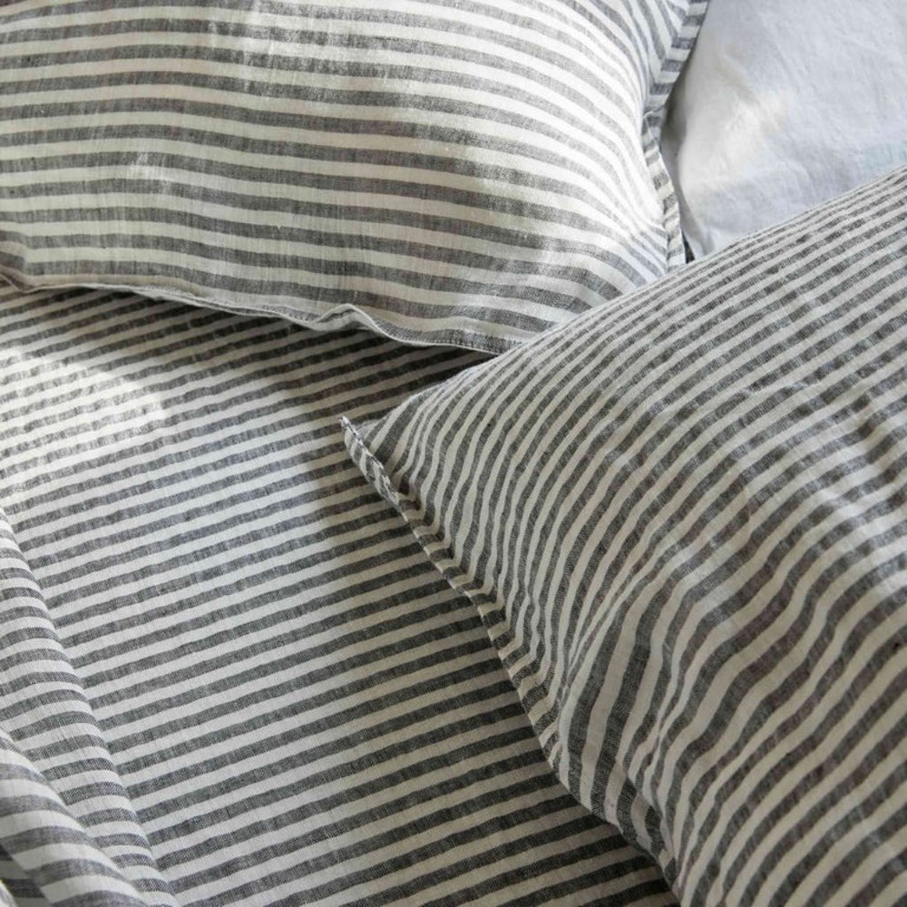 Linen Pillowcases - Charcoal Chambray and White Stripe